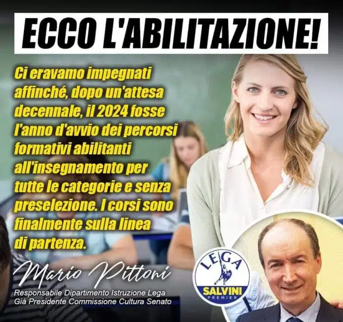 SCUOLA - PITTONI (LEGA), DOPO 10 ANNI ECCO L'ABILITAZIONE