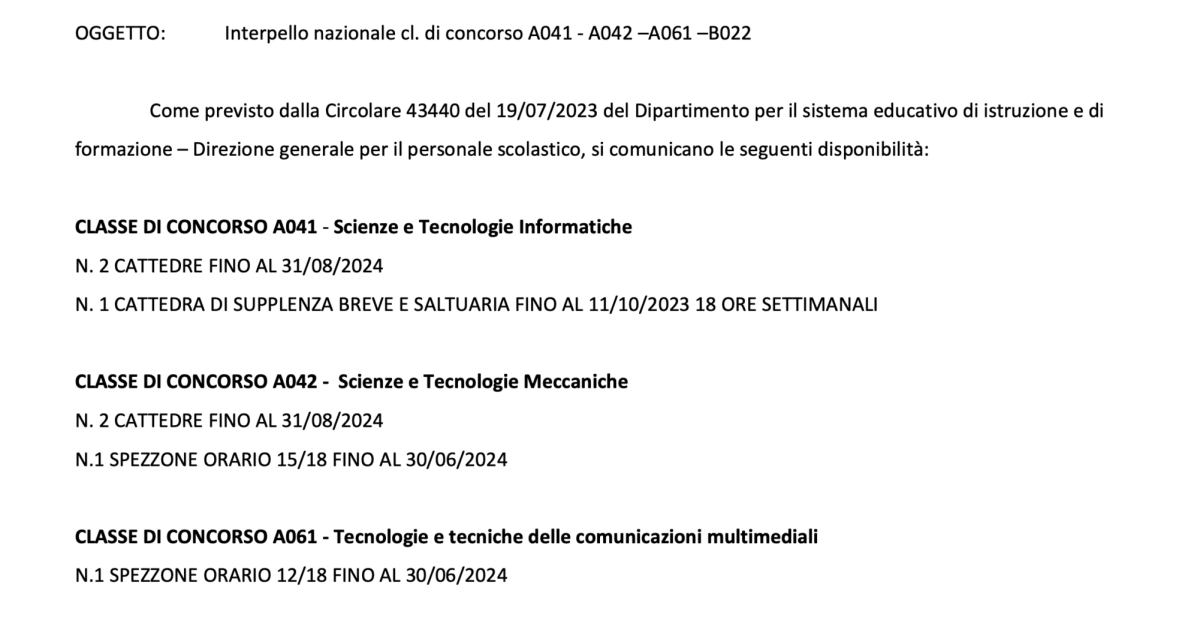 Supplenze docenti per l’anno scolastico 2023/24: L'Istituto Tecnico 'Leonardo Da Vinci' di Borgomanero in cerca di insegnanti