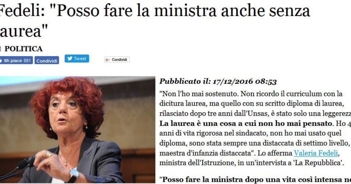 Valeria fedeli rivendica il ministero anche senza laurea